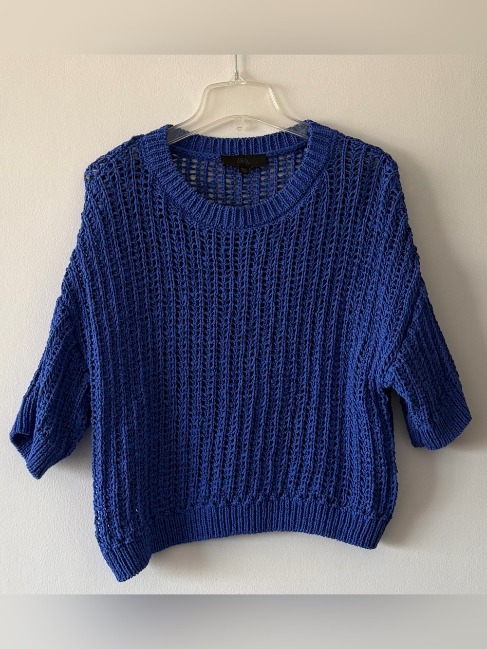 ZARA Cobalt Blue Open Knit Sweater Top Short Sleeve Crochet Boxy Crewneck L
